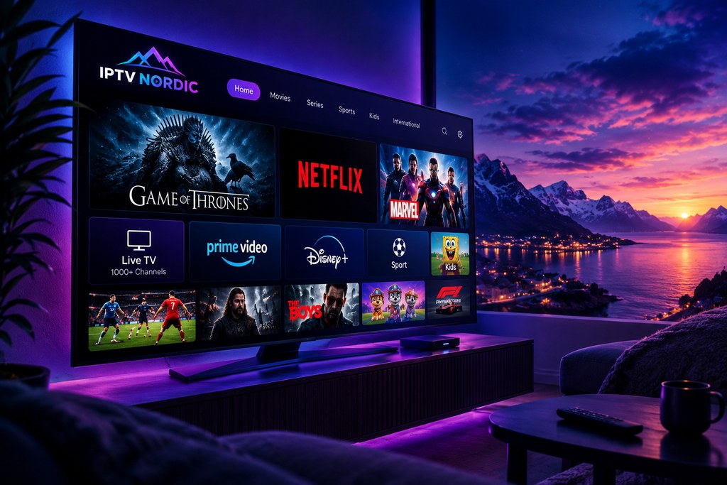 IPTV Nordic app on a large TV in a Nordic living room at dusk, with a fjord and mountains outside the window